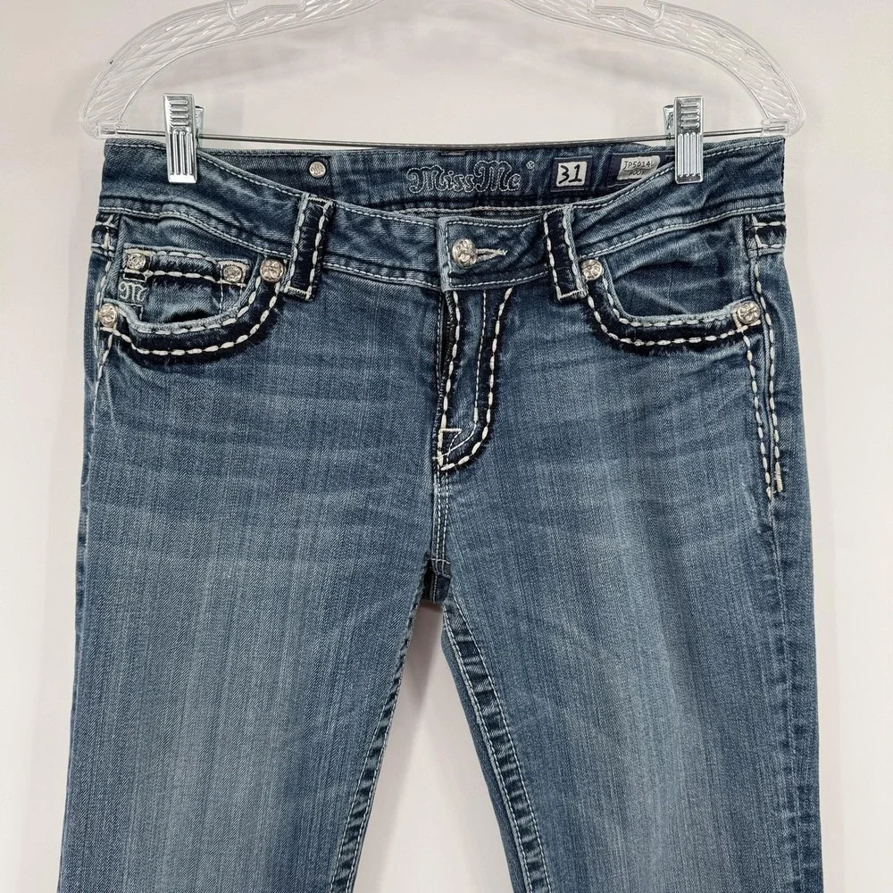 Miss Me Jeans Womens 31 Blue Bootcut Embroidered Distressed Stretch Mid‎ Rise